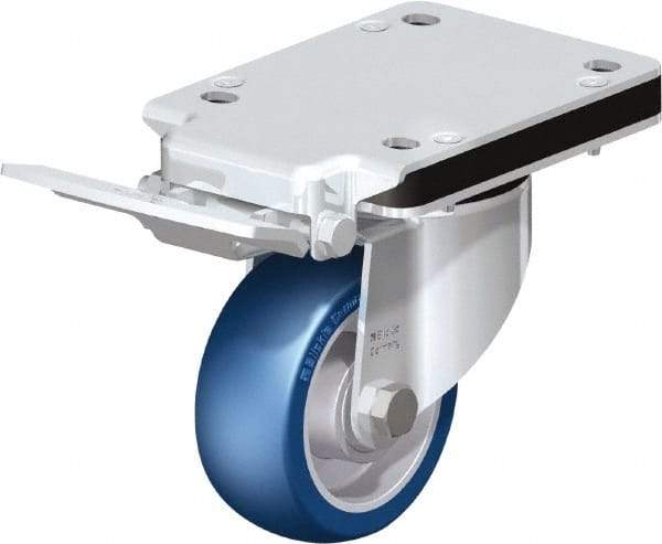 Blickle - 4" Diam x 1-37/64" Wide x 5-25/32" OAH Top Plate Mount Swivel Caster with Brake - Polyurethane-Elastomer Blickle Besthane, 660 Lb Capacity, Ball Bearing, 5-1/2 x 4-3/8" Plate - Industrial Tool & Supply