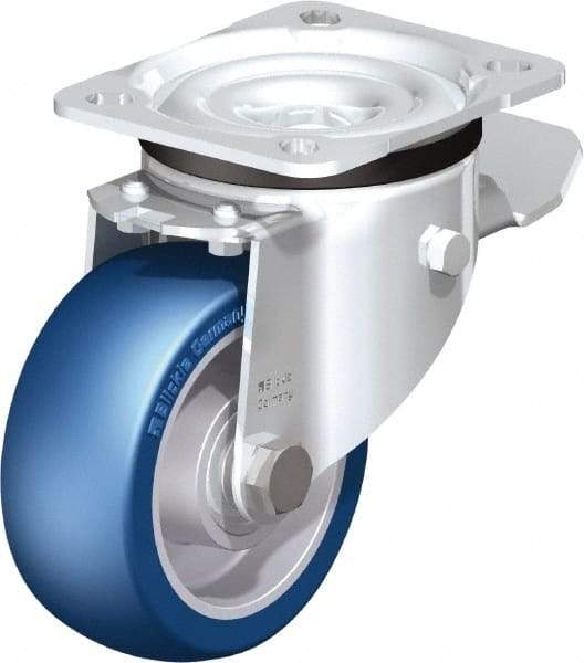 Blickle - 4" Diam x 1-37/64" Wide x 5-7/64" OAH Top Plate Mount Swivel Caster with Brake - Polyurethane-Elastomer Blickle Besthane, 660 Lb Capacity, Ball Bearing, 3-15/16 x 3-3/8" Plate - Industrial Tool & Supply