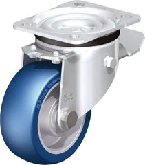 Blickle - 4" Diam x 1-37/64" Wide x 5-7/64" OAH Top Plate Mount Swivel Caster with Brake - Polyurethane-Elastomer Blickle Besthane, 660 Lb Capacity, Ball Bearing, 3-15/16 x 3-3/8" Plate - Industrial Tool & Supply