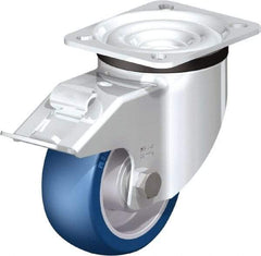 Blickle - 4" Diam x 1-37/64" Wide x 5-7/64" OAH Top Plate Mount Swivel Caster with Brake - Polyurethane-Elastomer Blickle Besthane, 660 Lb Capacity, Ball Bearing, 3-15/16 x 3-3/8" Plate - Industrial Tool & Supply