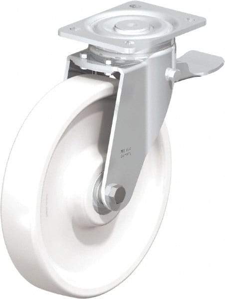 Blickle - 10" Diam x 1-31/32" Wide x 11-39/64" OAH Top Plate Mount Swivel Caster with Brake - Impact-Resistant Nylon, 1,980 Lb Capacity, Ball Bearing, 5-1/2 x 4-3/8" Plate - Industrial Tool & Supply