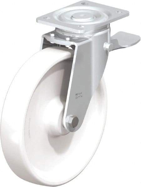 Blickle - 10" Diam x 1-31/32" Wide x 11-39/64" OAH Top Plate Mount Swivel Caster with Brake - Impact-Resistant Nylon, 1,980 Lb Capacity, Plain Bore Bearing, 5-1/2 x 4-3/8" Plate - Industrial Tool & Supply