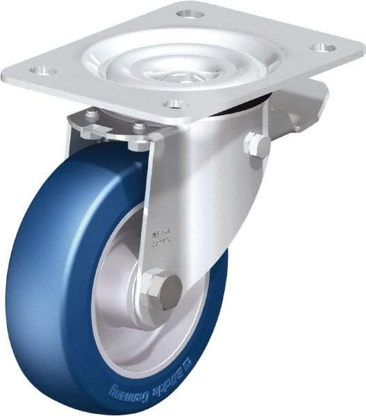 Blickle - 5" Diam x 1-37/64" Wide x 6-7/64" OAH Top Plate Mount Swivel Caster with Brake - Polyurethane-Elastomer Blickle Besthane, 770 Lb Capacity, Ball Bearing, 5-1/2 x 4-3/8" Plate - Industrial Tool & Supply