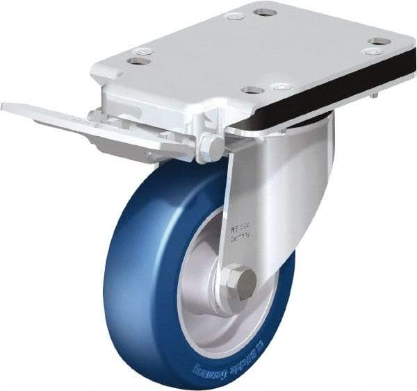Blickle - 5" Diam x 1-37/64" Wide x 5-25/32" OAH Top Plate Mount Swivel Caster with Brake - Polyurethane-Elastomer Blickle Besthane, 770 Lb Capacity, Ball Bearing, 5-1/2 x 4-3/8" Plate - Industrial Tool & Supply