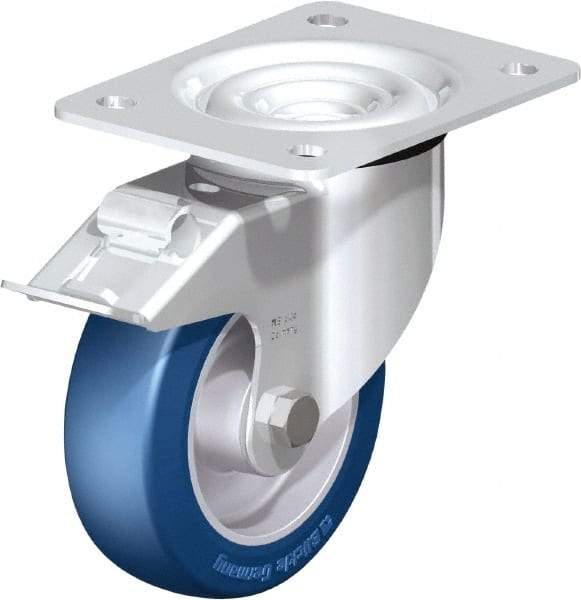 Blickle - 5" Diam x 1-37/64" Wide x 6-7/64" OAH Top Plate Mount Swivel Caster with Brake - Polyurethane-Elastomer Blickle Besthane, 770 Lb Capacity, Ball Bearing, 5-1/2 x 4-3/8" Plate - Industrial Tool & Supply