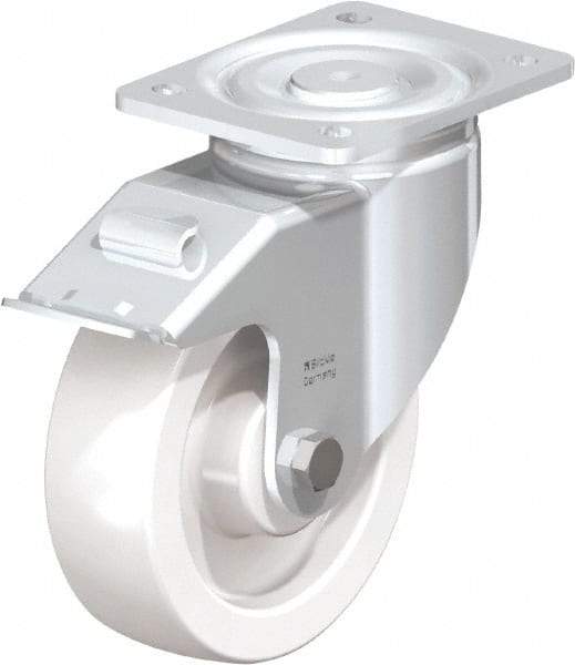 Blickle - 6-1/2" Diam x 1-31/32" Wide x 7-3/4" OAH Top Plate Mount Swivel Caster with Brake - Impact-Resistant Nylon, 1,870 Lb Capacity, Plain Bore Bearing, 5-1/2 x 4-3/8" Plate - Industrial Tool & Supply