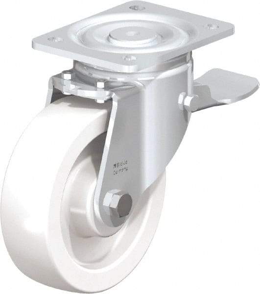 Blickle - 6-1/2" Diam x 1-31/32" Wide x 7-3/4" OAH Top Plate Mount Swivel Caster with Brake - Impact-Resistant Nylon, 1,870 Lb Capacity, Plain Bore Bearing, 5-1/2 x 4-3/8" Plate - Industrial Tool & Supply