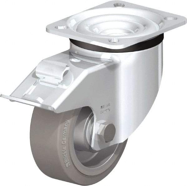 Blickle - 4" Diam x 1-37/64" Wide x 5-7/64" OAH Top Plate Mount Swivel Caster with Brake - Solid Rubber, 440 Lb Capacity, Ball Bearing, 3-15/16 x 3-3/8" Plate - Industrial Tool & Supply