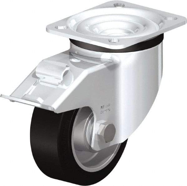 Blickle - 4" Diam x 1-37/64" Wide x 5-7/64" OAH Top Plate Mount Swivel Caster with Brake - Solid Rubber, 440 Lb Capacity, Ball Bearing, 3-15/16 x 3-3/8" Plate - Industrial Tool & Supply