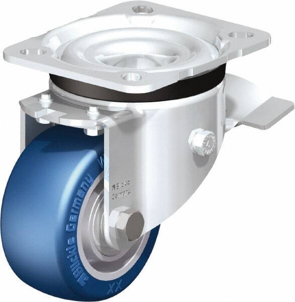 Blickle - 3" Diam x 1-37/64" Wide x 4-21/64" OAH Top Plate Mount Swivel Caster with Brake - Polyurethane-Elastomer Blickle Besthane, 506 Lb Capacity, Ball Bearing, 3-15/16 x 3-3/8" Plate - Industrial Tool & Supply