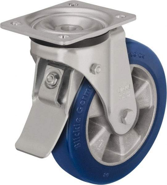 Blickle - 6-1/2" Diam x 1-31/32" Wide x 7-61/64" OAH Top Plate Mount Swivel Caster with Brake - Polyurethane-Elastomer Blickle Besthane, 1,210 Lb Capacity, Ball Bearing, 5-1/2 x 4-3/8" Plate - Industrial Tool & Supply