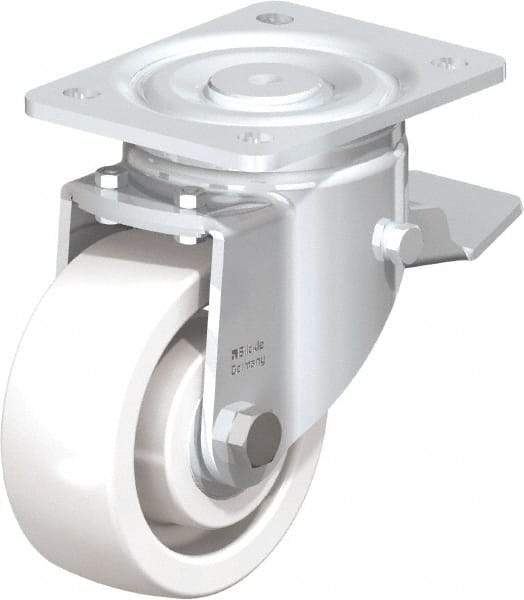 Blickle - 5" Diam x 1-31/32" Wide x 6-11/16" OAH Top Plate Mount Swivel Caster with Brake - Impact-Resistant Nylon, 1,650 Lb Capacity, Ball Bearing, 5-1/2 x 4-3/8" Plate - Industrial Tool & Supply