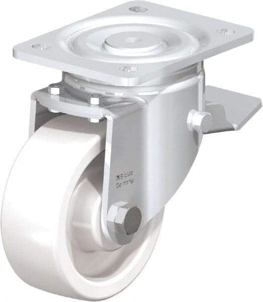 Blickle - 5" Diam x 1-31/32" Wide x 6-11/16" OAH Top Plate Mount Swivel Caster with Brake - Impact-Resistant Nylon, 1,650 Lb Capacity, Plain Bore Bearing, 5-1/2 x 4-3/8" Plate - Industrial Tool & Supply