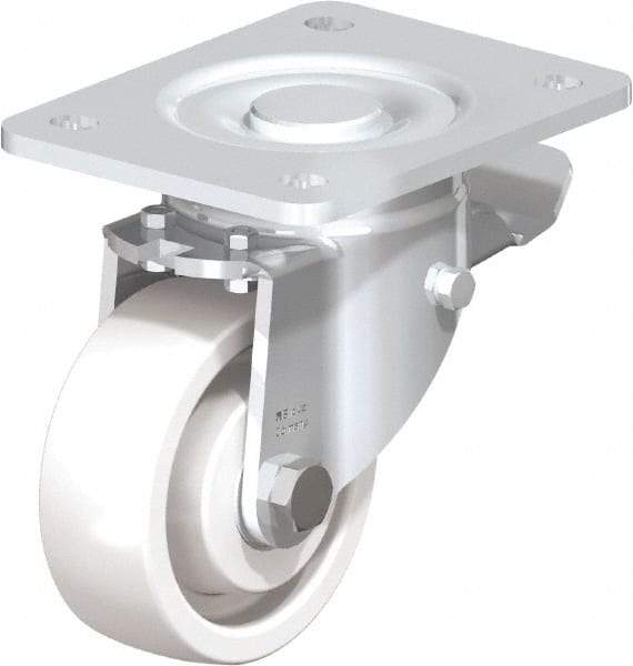 Blickle - 4" Diam x 1-29/64" Wide x 6-1/2" OAH Top Plate Mount Swivel Caster with Brake - Impact-Resistant Nylon, 1,100 Lb Capacity, Ball Bearing, 5-1/2 x 4-3/8" Plate - Industrial Tool & Supply