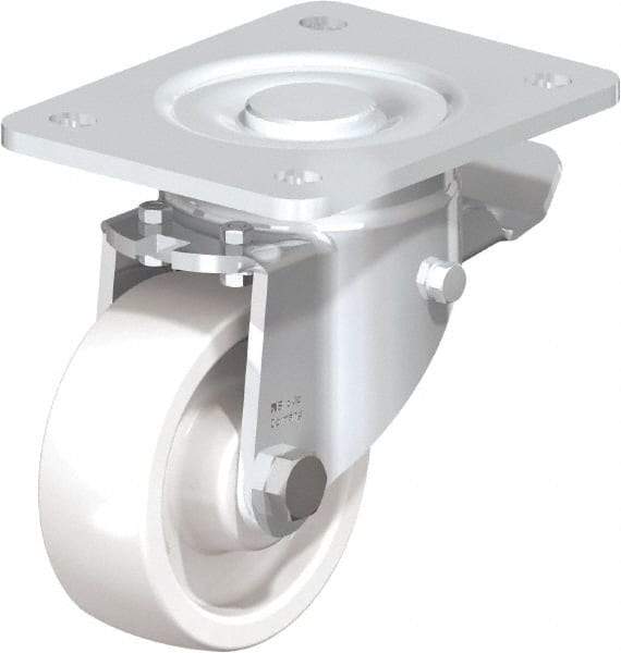 Blickle - 4" Diam x 1-29/64" Wide x 5-33/64" OAH Top Plate Mount Swivel Caster with Brake - Impact-Resistant Nylon, 1,100 Lb Capacity, Plain Bore Bearing, 5-1/2 x 4-3/8" Plate - Industrial Tool & Supply