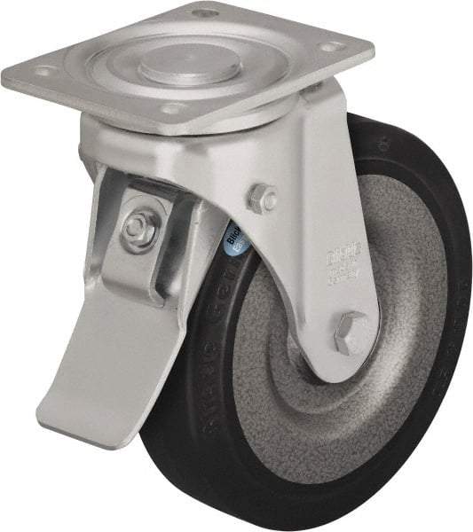 Blickle - 8" Diam x 1-31/32" Wide x 9-41/64" OAH Top Plate Mount Swivel Caster with Brake - Solid Rubber, 1,320 Lb Capacity, Ball Bearing, 5-1/2 x 4-3/8" Plate - Industrial Tool & Supply