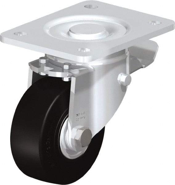 Blickle - 4" Diam x 1-49/64" Wide x 5-33/64" OAH Top Plate Mount Swivel Caster with Brake - Solid Rubber, 594 Lb Capacity, Ball Bearing, 5-1/2 x 4-3/8" Plate - Industrial Tool & Supply