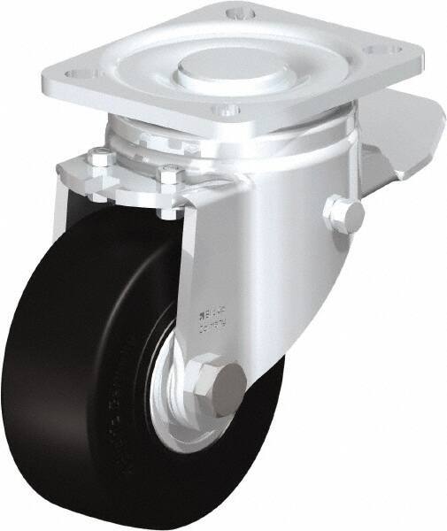 Blickle - 4" Diam x 1-49/64" Wide x 5-33/64" OAH Top Plate Mount Swivel Caster with Brake - Solid Rubber, 594 Lb Capacity, Ball Bearing, 3-15/16 x 3-3/8" Plate - Industrial Tool & Supply