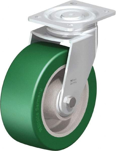 Blickle - 8" Diam x 3-9/64" Wide x 9-41/64" OAH Top Plate Mount Swivel Caster - Polyurethane-Elastomer Blickle Softhane, 1,760 Lb Capacity, Ball Bearing, 5-1/2 x 4-3/8" Plate - Industrial Tool & Supply