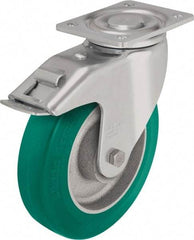 Blickle - 5" Diam x 1-31/32" Wide x 6-11/16" OAH Top Plate Mount Swivel Caster with Brake - Polyurethane-Elastomer Blickle Softhane, 990 Lb Capacity, Ball Bearing, 5-1/2 x 4-3/8" Plate - Industrial Tool & Supply
