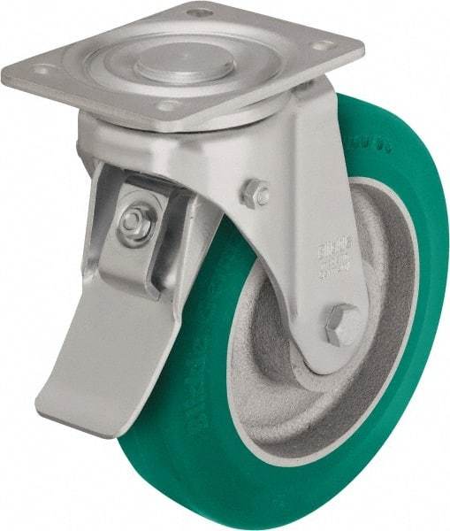 Blickle - 5" Diam x 1-31/32" Wide x 6-11/16" OAH Top Plate Mount Swivel Caster with Brake - Polyurethane-Elastomer Blickle Softhane, 990 Lb Capacity, Ball Bearing, 5-1/2 x 4-3/8" Plate - Industrial Tool & Supply