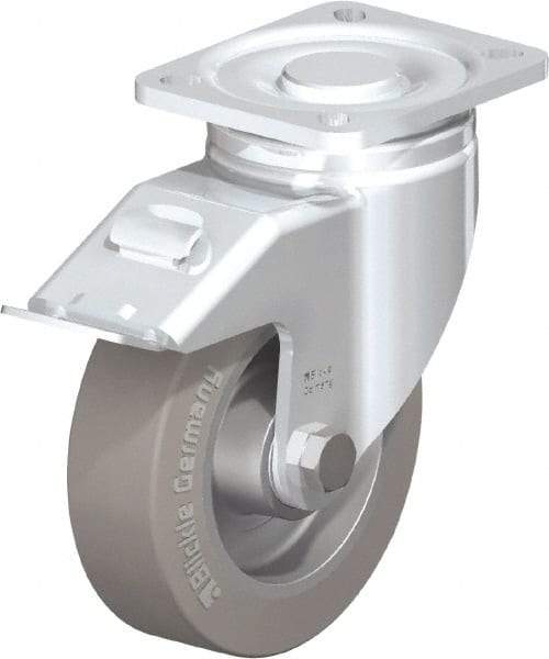 Blickle - 5" Diam x 1-9/16" Wide x 6-1/2" OAH Top Plate Mount Swivel Caster with Brake - Solid Rubber, 550 Lb Capacity, Ball Bearing, 3-15/16 x 3-3/8" Plate - Industrial Tool & Supply
