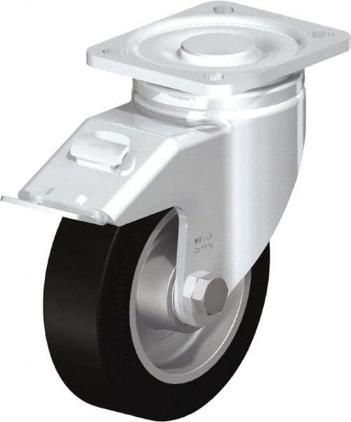 Blickle - 5" Diam x 1-9/16" Wide x 6-1/2" OAH Top Plate Mount Swivel Caster with Brake - Solid Rubber, 550 Lb Capacity, Ball Bearing, 3-15/16 x 3-3/8" Plate - Industrial Tool & Supply