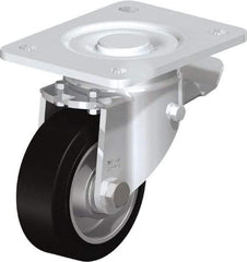 Blickle - 4" Diam x 1-9/16" Wide x 5-33/64" OAH Top Plate Mount Swivel Caster with Brake - Solid Rubber, 440 Lb Capacity, Ball Bearing, 5-1/2 x 4-3/8" Plate - Industrial Tool & Supply