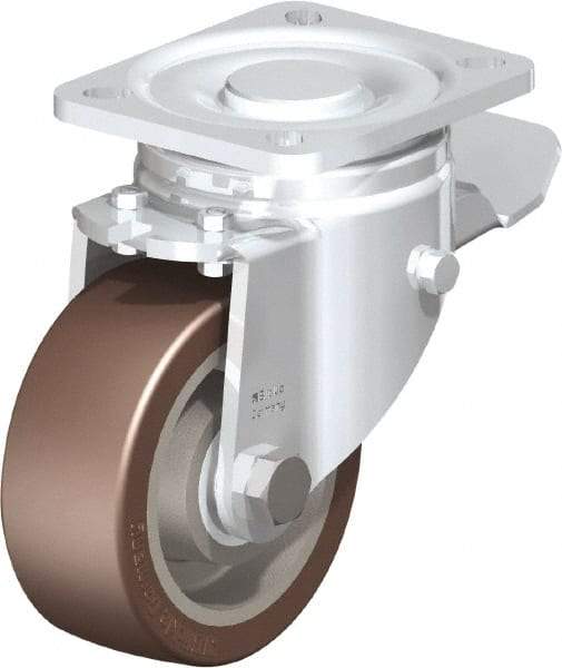 Blickle - 4" Diam x 1-37/64" Wide x 5-33/64" OAH Top Plate Mount Swivel Caster with Brake - Polyurethane-Elastomer Blickle Softhane, 880 Lb Capacity, Ball Bearing, 3-15/16 x 3-3/8" Plate - Industrial Tool & Supply