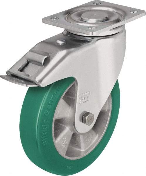 Blickle - 5" Diam x 2-1/8" Wide x 6-11/16" OAH Top Plate Mount Swivel Caster with Brake - Polyurethane-Elastomer Blickle Softhane, 990 Lb Capacity, Ball Bearing, 5-1/2 x 4-3/8" Plate - Industrial Tool & Supply