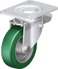 Blickle - 5" Diam x 1-9/16" Wide x 6-1/2" OAH Top Plate Mount Swivel Caster with Brake - Polyurethane-Elastomer Blickle Softhane, 770 Lb Capacity, Ball Bearing, 5-1/2 x 4-3/8" Plate - Industrial Tool & Supply