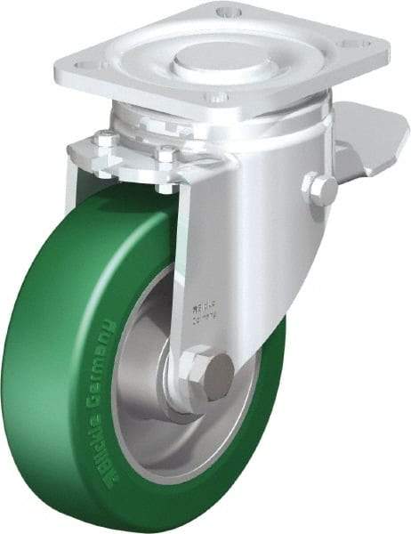 Blickle - 5" Diam x 1-9/16" Wide x 6-1/2" OAH Top Plate Mount Swivel Caster with Brake - Polyurethane-Elastomer Blickle Softhane, 770 Lb Capacity, Ball Bearing, 3-15/16 x 3-3/8" Plate - Industrial Tool & Supply