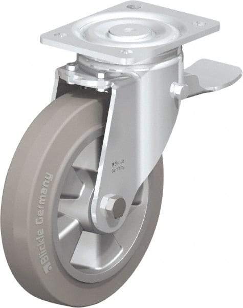 Blickle - 8" Diam x 2" Wide x 9-41/64" OAH Top Plate Mount Swivel Caster with Brake - Solid Rubber, 1,210 Lb Capacity, Ball Bearing, 5-1/2 x 4-3/8" Plate - Industrial Tool & Supply