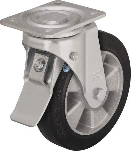 Blickle - 5" Diam x 2" Wide x 6-11/16" OAH Top Plate Mount Swivel Caster with Brake - Solid Rubber, 594 Lb Capacity, Ball Bearing, 5-1/2 x 4-3/8" Plate - Industrial Tool & Supply