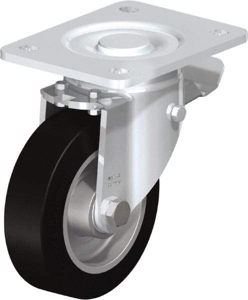 Blickle - 5" Diam x 1-9/16" Wide x 6-1/2" OAH Top Plate Mount Swivel Caster with Brake - Solid Rubber, 550 Lb Capacity, Ball Bearing, 5-1/2 x 4-3/8" Plate - Industrial Tool & Supply