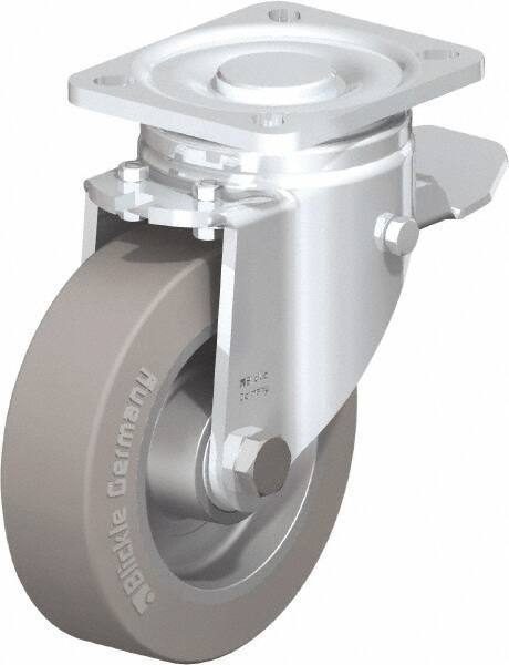Blickle - 5" Diam x 1-9/16" Wide x 6-1/2" OAH Top Plate Mount Swivel Caster with Brake - Solid Rubber, 550 Lb Capacity, Ball Bearing, 3-15/16 x 3-3/8" Plate - Industrial Tool & Supply