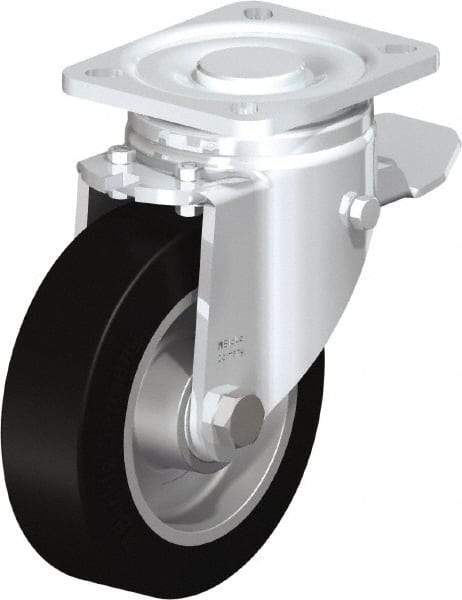 Blickle - 5" Diam x 1-9/16" Wide x 6-1/2" OAH Top Plate Mount Swivel Caster with Brake - Solid Rubber, 550 Lb Capacity, Ball Bearing, 3-15/16 x 3-3/8" Plate - Industrial Tool & Supply