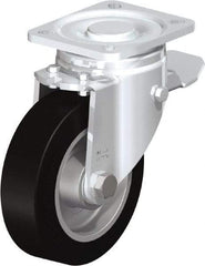 Blickle - 5" Diam x 1-9/16" Wide x 6-1/2" OAH Top Plate Mount Swivel Caster with Brake - Solid Rubber, 550 Lb Capacity, Ball Bearing, 3-15/16 x 3-3/8" Plate - Industrial Tool & Supply