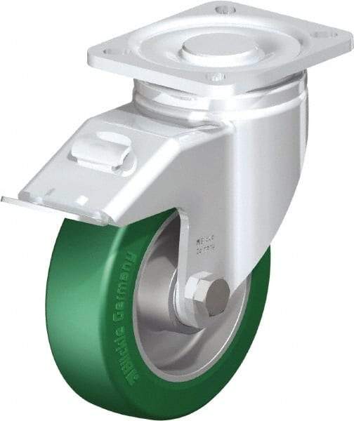Blickle - 5" Diam x 1-9/16" Wide x 6-1/2" OAH Top Plate Mount Swivel Caster with Brake - Polyurethane-Elastomer Blickle Softhane, 770 Lb Capacity, Ball Bearing, 3-15/16 x 3-3/8" Plate - Industrial Tool & Supply