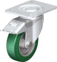 Blickle - 5" Diam x 1-9/16" Wide x 6-1/2" OAH Top Plate Mount Swivel Caster with Brake - Polyurethane-Elastomer Blickle Softhane, 770 Lb Capacity, Ball Bearing, 5-1/2 x 4-3/8" Plate - Industrial Tool & Supply