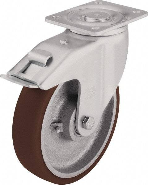 Blickle - 5" Diam x 1-31/32" Wide x 6-1/2" OAH Top Plate Mount Swivel Caster with Brake - Polyurethane-Elastomer Blickle Softhane, 1,100 Lb Capacity, Ball Bearing, 3-15/16 x 3-3/8" Plate - Industrial Tool & Supply