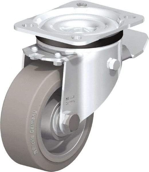 Blickle - 4" Diam x 1-37/64" Wide x 5-7/64" OAH Top Plate Mount Swivel Caster with Brake - Solid Rubber, 440 Lb Capacity, Ball Bearing, 3-15/16 x 3-3/8" Plate - Industrial Tool & Supply