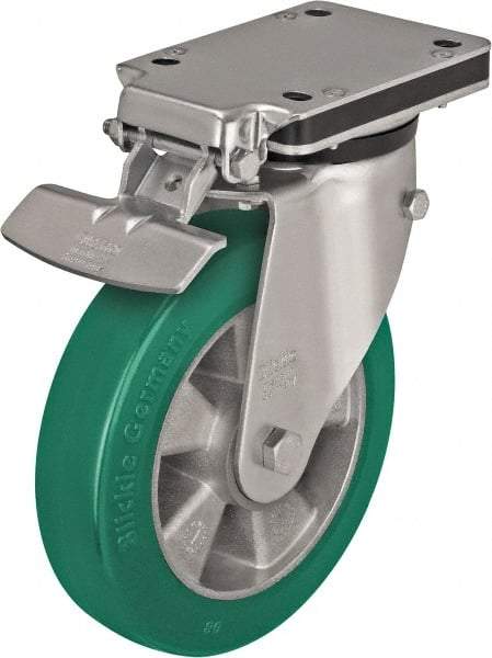 Blickle - 5" Diam x 2-1/8" Wide x 6-11/16" OAH Top Plate Mount Swivel Caster with Brake - Polyurethane-Elastomer Blickle Softhane, 990 Lb Capacity, Ball Bearing, 5-1/2 x 4-3/8" Plate - Industrial Tool & Supply