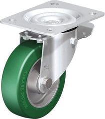 Blickle - 5" Diam x 1-37/64" Wide x 6-7/64" OAH Top Plate Mount Swivel Caster with Brake - Polyurethane-Elastomer Blickle Softhane, 770 Lb Capacity, Ball Bearing, 5-1/2 x 4-3/8" Plate - Industrial Tool & Supply