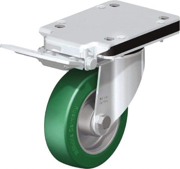 Blickle - 5" Diam x 1-37/64" Wide x 10-5/16" OAH Top Plate Mount Swivel Caster with Brake - Polyurethane-Elastomer Blickle Softhane, 770 Lb Capacity, Ball Bearing, 5-1/2 x 4-3/8" Plate - Industrial Tool & Supply