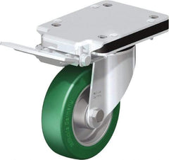 Blickle - 5" Diam x 1-37/64" Wide x 10-5/16" OAH Top Plate Mount Swivel Caster with Brake - Polyurethane-Elastomer Blickle Softhane, 770 Lb Capacity, Ball Bearing, 5-1/2 x 4-3/8" Plate - Industrial Tool & Supply