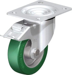Blickle - 5" Diam x 1-37/64" Wide x 6-7/64" OAH Top Plate Mount Swivel Caster with Brake - Polyurethane-Elastomer Blickle Softhane, 770 Lb Capacity, Ball Bearing, 5-1/2 x 4-3/8" Plate - Industrial Tool & Supply