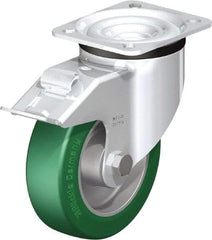 Blickle - 5" Diam x 1-37/64" Wide x 6-7/64" OAH Top Plate Mount Swivel Caster with Brake - Polyurethane-Elastomer Blickle Softhane, 770 Lb Capacity, Ball Bearing, 3-15/16 x 3-3/8" Plate - Industrial Tool & Supply