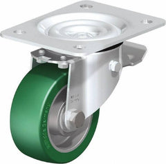 Blickle - 4" Diam x 1-37/64" Wide x 5-7/64" OAH Top Plate Mount Swivel Caster with Brake - Polyurethane-Elastomer Blickle Softhane, 660 Lb Capacity, Ball Bearing, 5-1/2 x 4-3/8" Plate - Industrial Tool & Supply