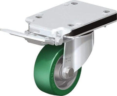 Blickle - 4" Diam x 1-37/64" Wide x 10-5/16" OAH Top Plate Mount Swivel Caster with Brake - Polyurethane-Elastomer Blickle Softhane, 660 Lb Capacity, Ball Bearing, 5-1/2 x 4-3/8" Plate - Industrial Tool & Supply